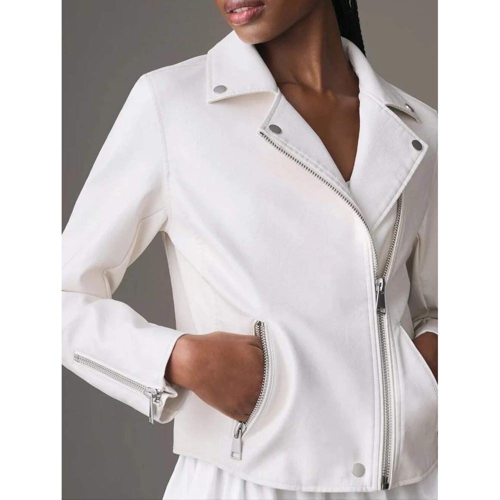Anthropologie Moto Jacket Womens L Off White Faux Leather Zip Front Saige Vegan